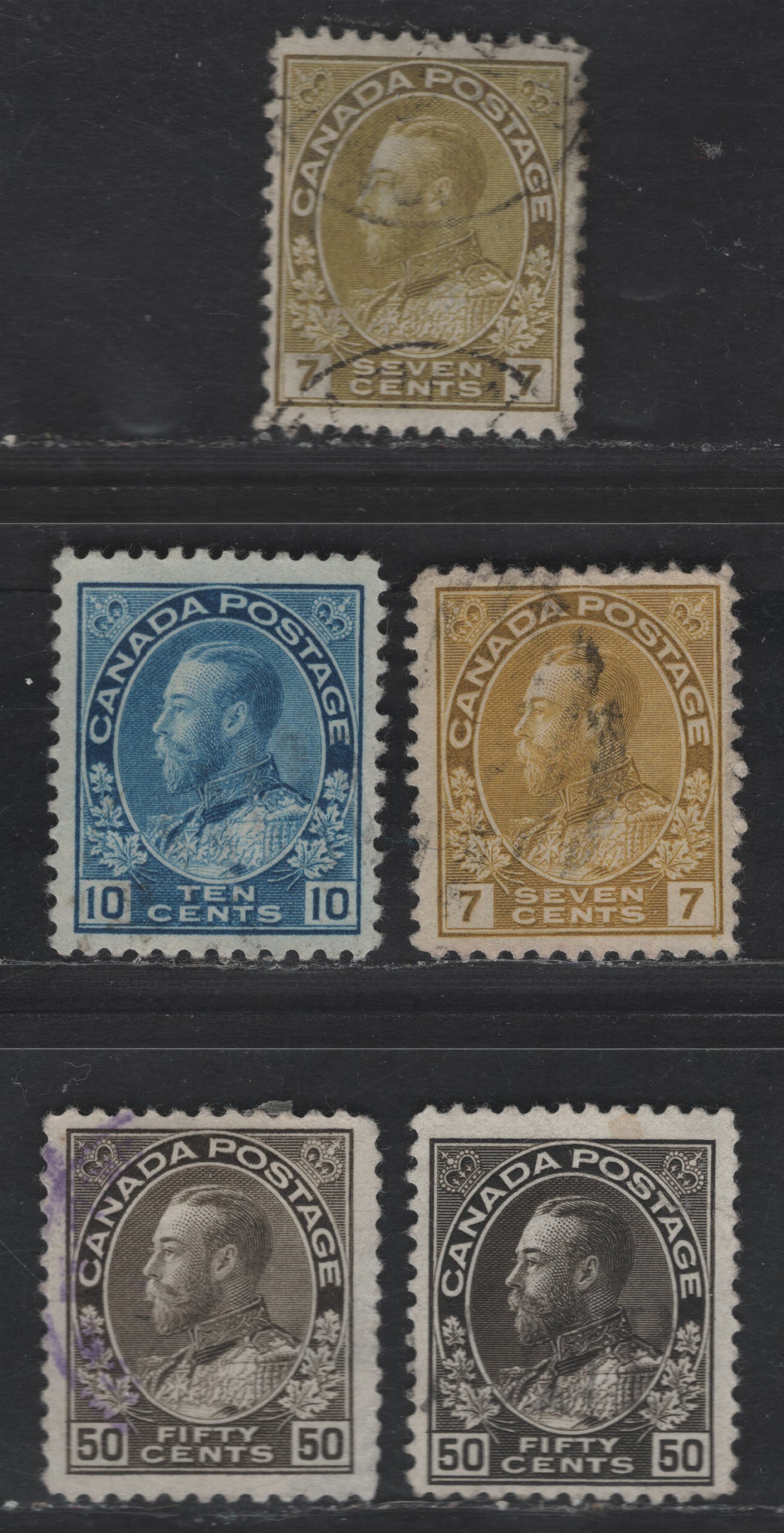 Lot 340 Canada #113a, 113iii, 117ii, 120a, 120ii 7c, 10c & 50c Sage Green, Olive Bistre, Light Blue and Black & Brown King George V, 1911-1928 Admiral Issue, 5 Fine/Very Fine Used Singles, Normal & Retouched Framelines, Wet Printings