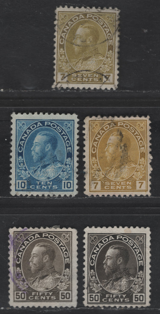 Lot 340 Canada #113a, 113iii, 117ii, 120a, 120ii 7c, 10c & 50c Sage Green, Olive Bistre, Light Blue and Black & Brown King George V, 1911-1928 Admiral Issue, 5 Fine/Very Fine Used Singles, Normal & Retouched Framelines, Wet Printings