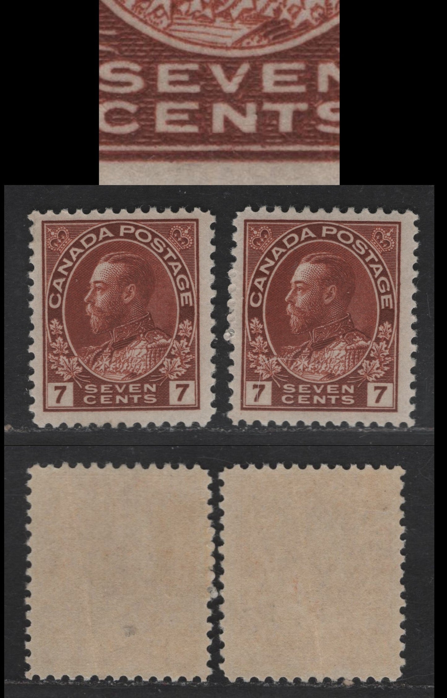 Lot 344 Canada #114b, 114iv 7c Lake Brown King George V, 1911-1928 Admiral Issue, 2 VGOG Single, Wet Printing, Retouched & Normal Frameline, Diagonal Line In V of Seven, Both With Light Diagonal Creases