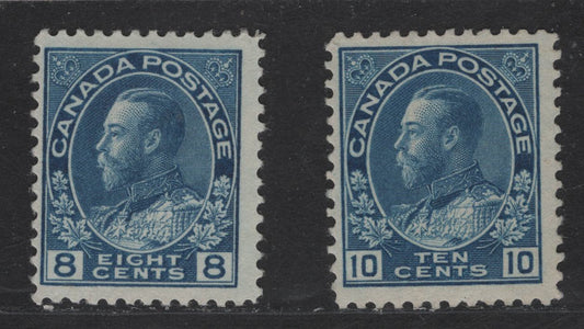 Lot 346 Canada #115i, 117a 8c & 10c Light Blue & Blue King George V, 1911-1928 Admiral Issue, 2 Fine Unused Single, Dry Printing, Redrawn (8c) & Normal (10c) Framelines