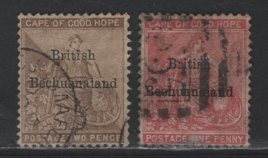 Lot 35 (C) British Bechuanaland SG#5-6 1d - 2d Rose Red - Pale Bistre Seated Hope, 1885-1887 Overprinted Seated Hope Issue, 2 Very Good/Very Fine Used Singles, Anchor Wmks