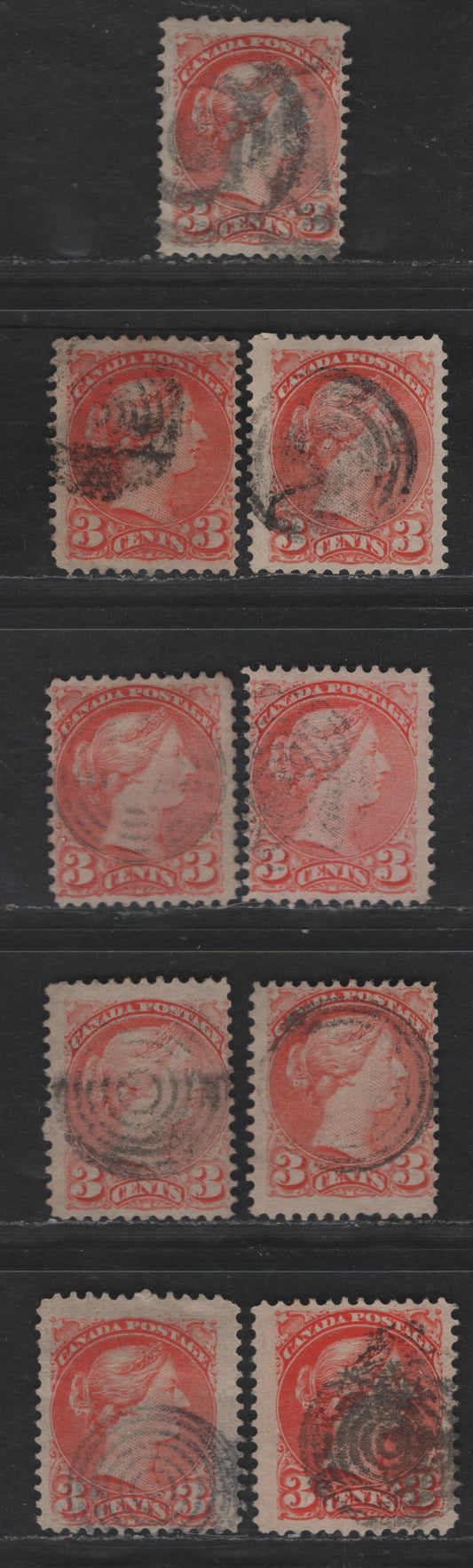 Lot 358 Canada #41 3c Dull Orange Vermillion, Deep Orange Vermillion & Deep Bright Vermillion Queen Victoria, 1888-1897 Small Queen Issue, 9 Fine Used Singles, Second Ottawa Printings, Various Papers, Target Cancels