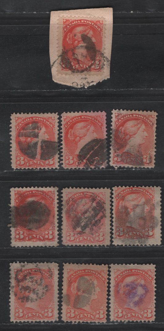 Lot 359 Canada #41 3c Deep Orange Vermillion, Pinkish Vermillion & Dull Orange Vermillion Queen Victoria, 1888-1897 Small Queen Issue, 10 Fine Used Singles, Early, Mid & Late Second Printings, Various Cork Cancels