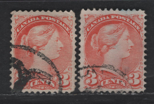 Lot 360 Canada #41 3c Vermillion & Orange Vermillion Queen Victoria, 1888-1897 Small Queen Issue, 2 Fine Used Singles, Papers 2O-EE & 2O-FF