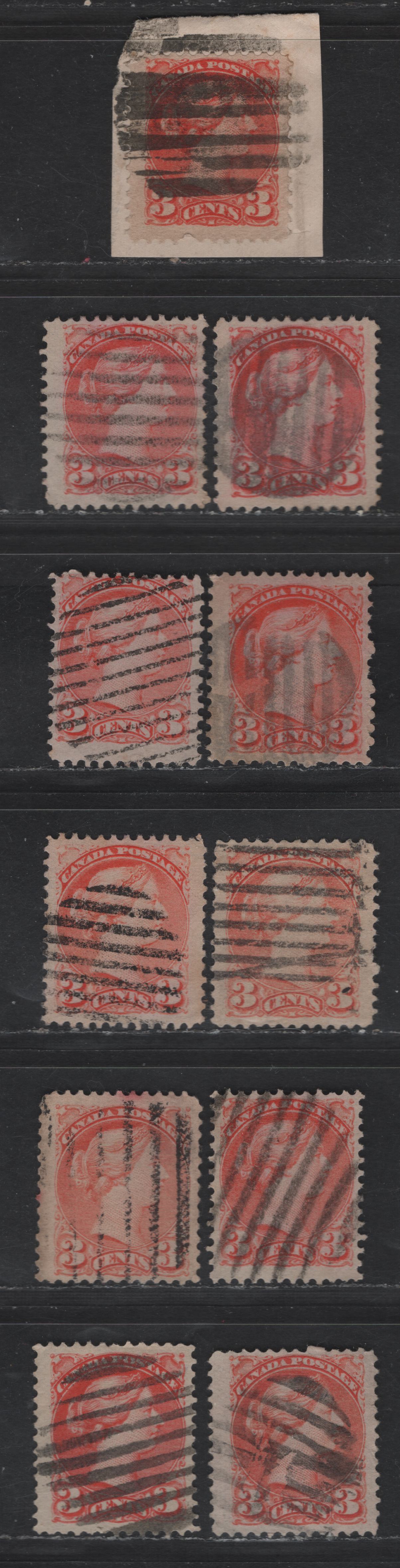 Lot 361 Canada #41 3c Rosy Aniline Vermillion/Dull Pale Orange Vermillion Queen Victoria, 1888-1897 Small Queen Issue, 11 Very Good/Fine/Very Fine Used Singles, Mid To Late Second Ottawa Printings, Various Papers, Various Non-Duplex Grid Cancels