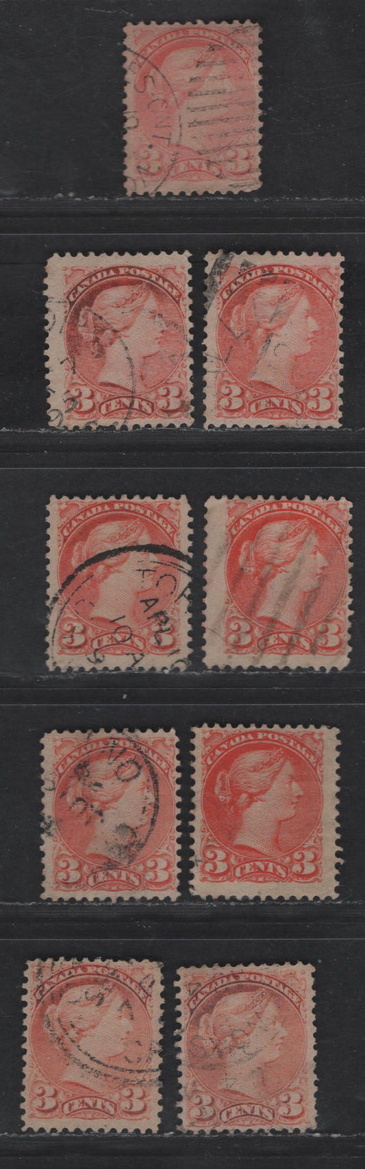Lot 362 Canada #41 3c Very Pale Rosy Vermillion, /Deep Full Vermillion Queen Victoria, 1888-1897 Small Queen Issue, 9 Fine Used Singles, Mid To Late Second Ottawa Printings, Paper 2O-GG