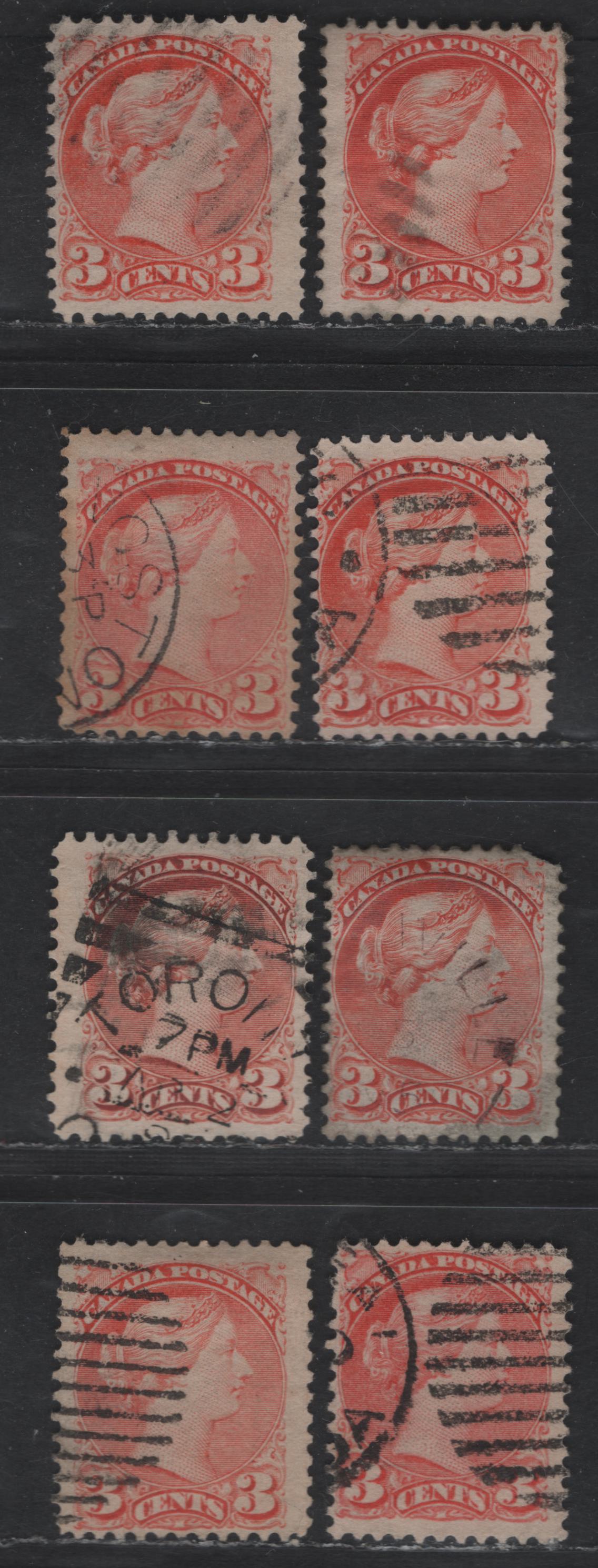 Lot 363 Canada #41 3c Vermillion & Orange Vermillion Queen Victoria, 1888-1897 Small Queen Issue, 8 Fine Used Singles, Mid Second Ottawa Printings, Paper 2O-I