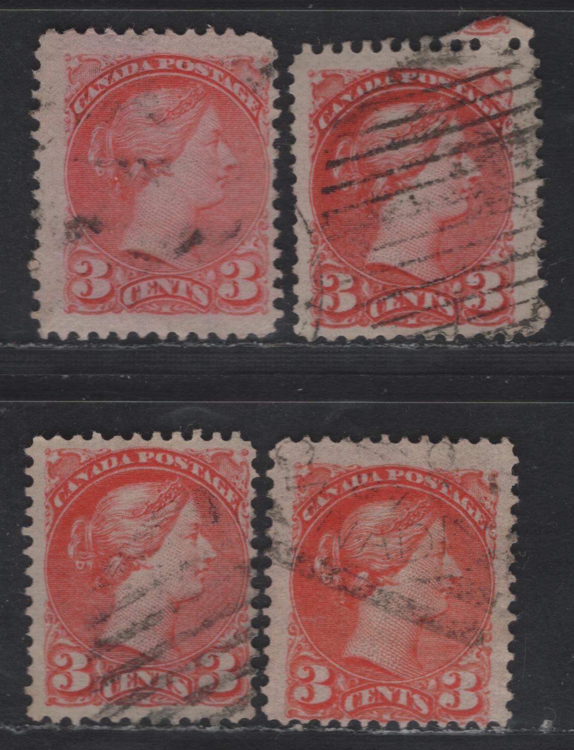 Lot 365 Canada #41 3c Orange Vermillion, Deep Orange Vermillion, Bright Orange Vermillion & Pale Vermillion Queen Victoria, 1888-1897 Small Queen Issue, 4 Fine Used Singles, Early Second Ottawa Printings, Paper 2O-HH