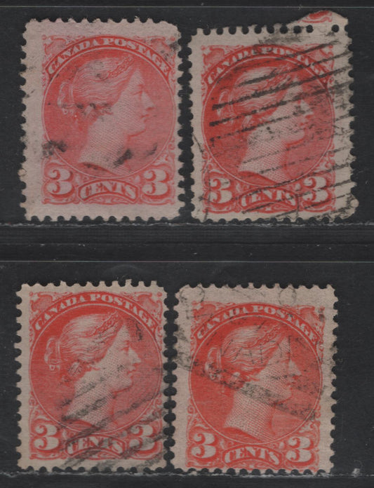 Lot 365 Canada #41 3c Orange Vermillion, Deep Orange Vermillion, Bright Orange Vermillion & Pale Vermillion Queen Victoria, 1888-1897 Small Queen Issue, 4 Fine Used Singles, Early Second Ottawa Printings, Paper 2O-HH