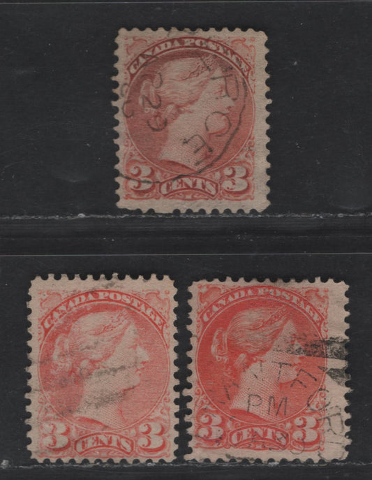 Lot 367 Canada #41 3c Vermillion, Brownish Vermillion & Very Pale Orange Vermillion Queen Victoria, 1888-1897 Small Queen Issue, 3 Fine Used Singles, Early & Mid Second Ottawa Printings, Paper 2O-AA