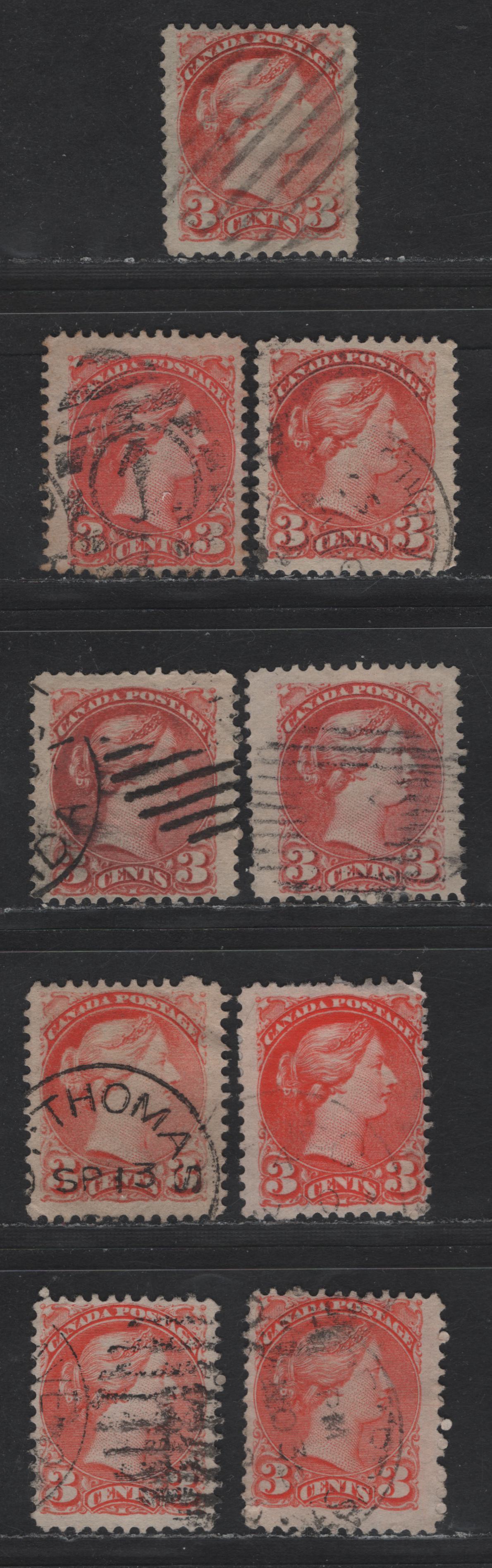 Lot 369 Canada #41 3c Vermillion & Orange Vermillion Queen Victoria, 1888-1897 Small Queen Issue, 9 Fine Used Singles, Mid Second Ottawa Printings, Papers 2O-E