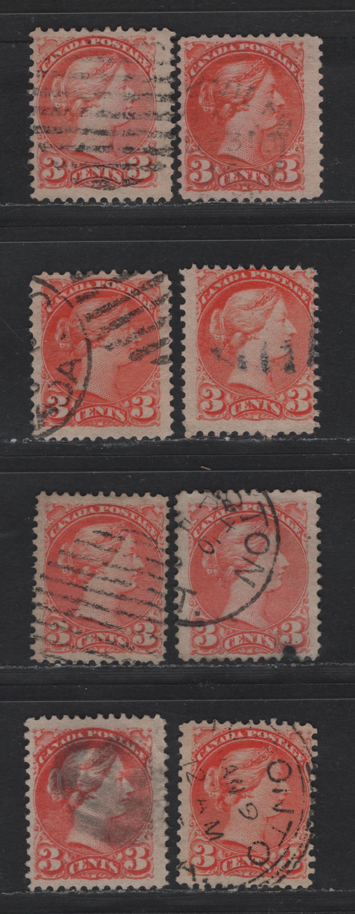 Lot 370 Canada #41 3c Vermillion, Bright Orange Vermillion, Orange & Pale Orange Vermillion Queen Victoria, 1888-1897 Small Queen Issue, 8 Fine Used Singles, Mid Second Ottawa Printings, Different Shades From Lot 139, Paper 2O-E