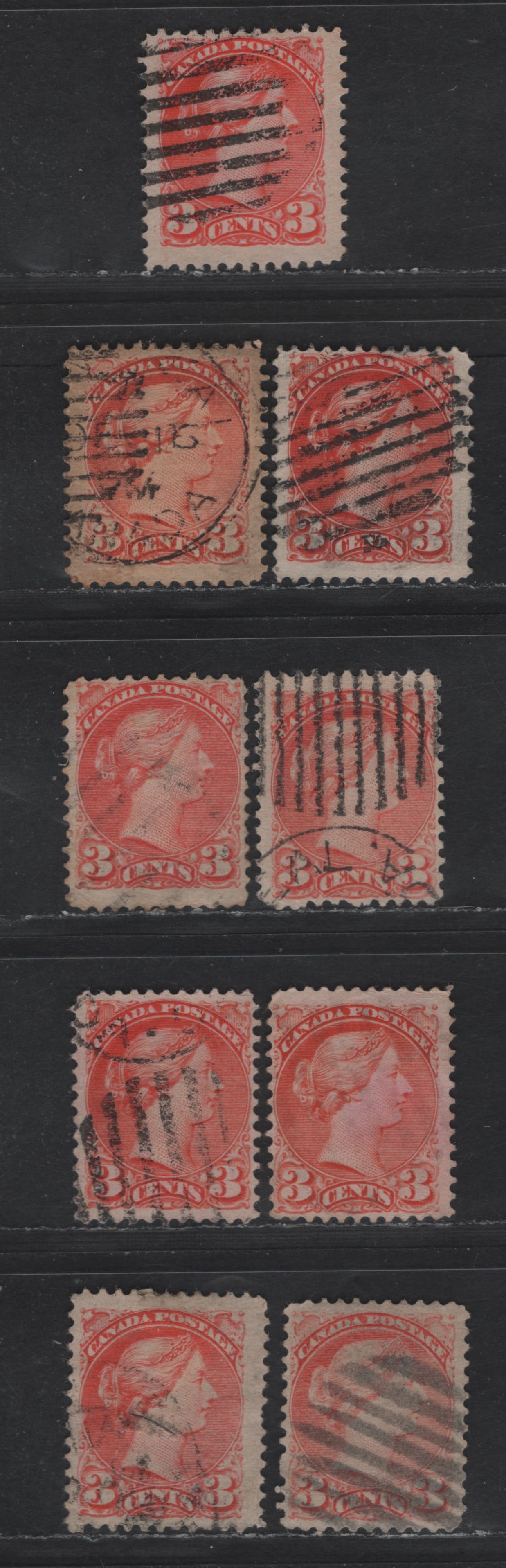 Lot 372 Canada #41 3c Vermillion & Orange Vermillion Queen Victoria, 1888-1897 Small Queen Issue, 9 Fine Used Singles, Mid To Early Second Ottawa Printings, Medium Non-Translucent Papers (2O-F, 2O-H,2O-M, 2O-Q, 2O-S & 2O-T), Unsorted As To Types