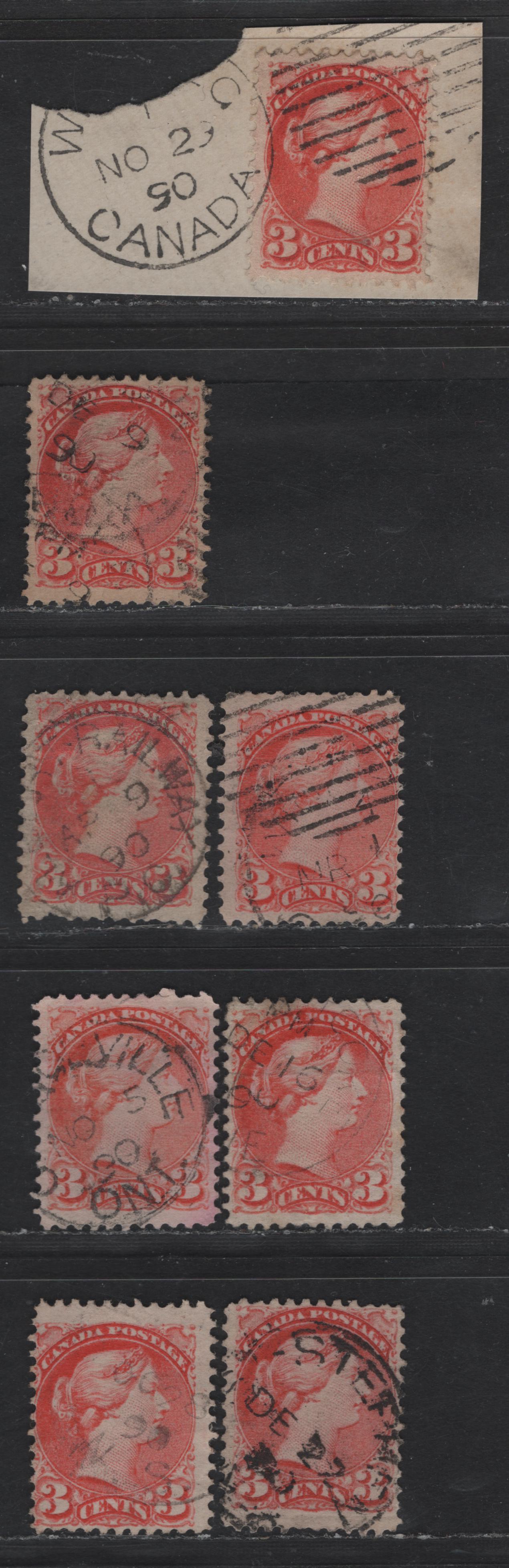 Lot 373 Canada #41 3c Vermillion & Orange Vermillion Queen Victoria, 1888-1897 Small Queen Issue, 8 Ungraded Singles, Unsorted As To Paper Types, All With 1890 Dates