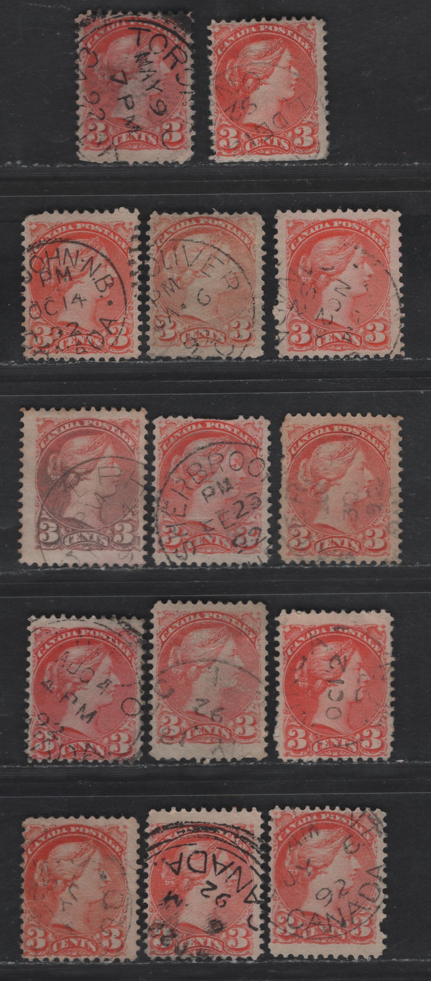 Lot 375 Canada #41 3c Vermillion, Orange Vermillion & Pale Vermillion Queen Victoria, 1888-1897 Small Queen Issue, 14 Ungraded Singles, 1892 Dates, Unsorted As To Paper Types