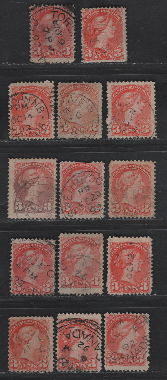 Lot 375 Canada #41 3c Vermillion, Orange Vermillion & Pale Vermillion Queen Victoria, 1888-1897 Small Queen Issue, 14 Ungraded Singles, 1892 Dates, Unsorted As To Paper Types