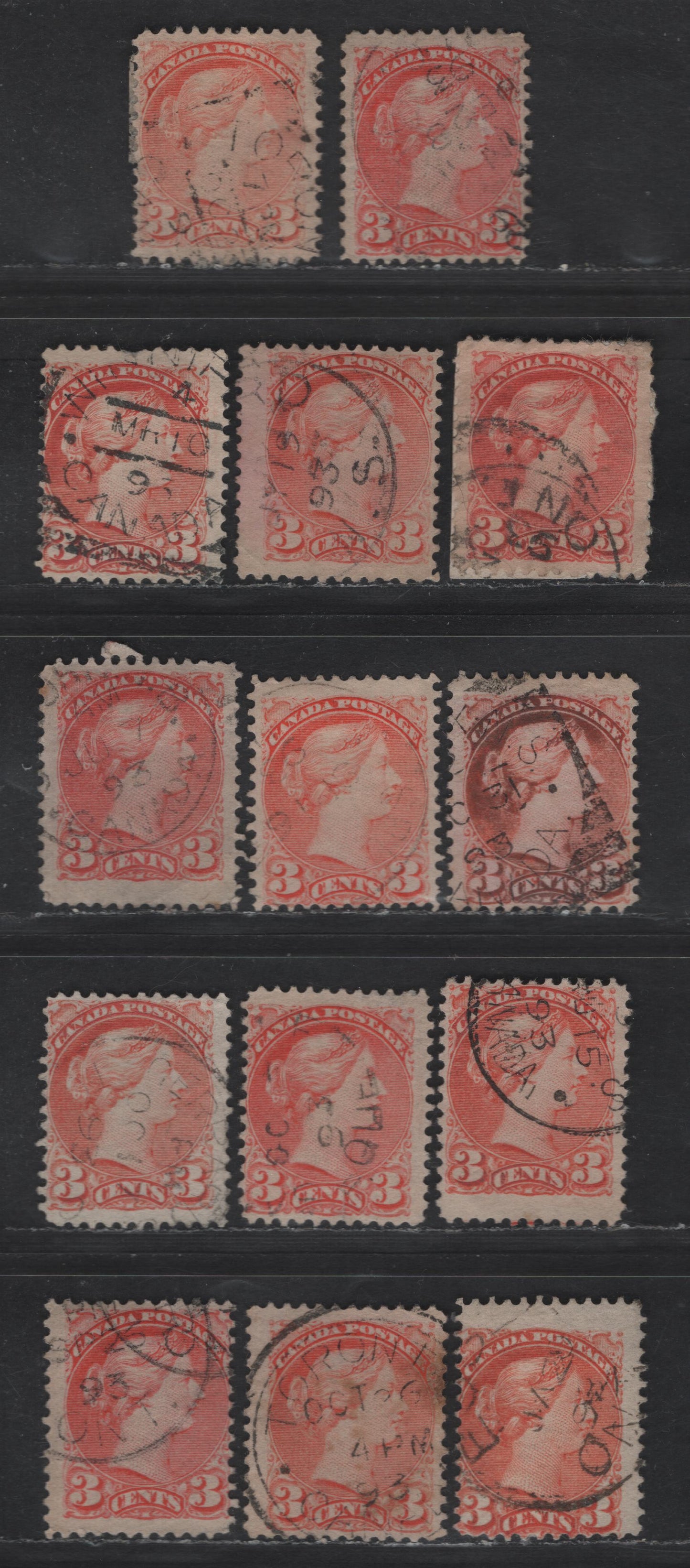 Lot 376 Canada #41 3c Vermillion & Orange Vermillion Queen Victoria, 1888-1897 Small Queen Issue, 14 Ungraded Singles, 1893 Dates, Unsorted As To Paper Types, Ungraded but Generally Fine