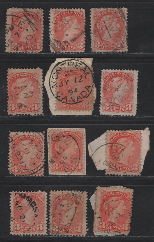 Canada #41 3c Vermillion & Orange Vermillion Queen Victoria, 1888-1897 Small Queen Issue, 12 Ungraded Singles, 1894 Dates, Unsorted As To Paper Types