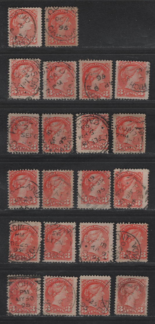 Lot 74 Canada #41 3c Vermillion & Orange Vermillion Queen Victoria, 1888-1897 Small Queen Issue, 22 Ungraded Singles, 1895 Dates, Unsorted As To Paper Types, Some Paper 2O-I & 2O-EE