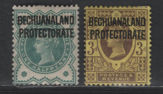 Lot 45 Bechuanaland Protectorate SG#60, 63 1/2d - 3d Blue Green - Purple on Yellow Queen Victoria, 1897-1902 Overprinted Jubilee Issue, 2 FOG Singles