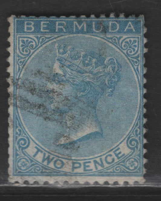 Lot 46 Bermuda SG#3 2d on 3d Dull Blue Queen Victoria, 1865-1903 Queen Victoria Keyplate Issue, A Very Good Used Single, Crown CC Wmk, Perf 14