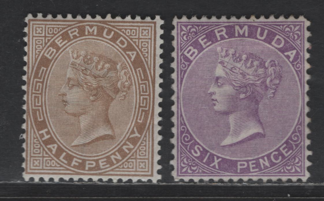 Lot 50 Bermuda SG#10a, 19 6d - 1/2d Bright Mauve - Stone Queen Victoria, 1865-1903 Queen Victoria Keyplate Issue, 2 F/VFOG Singles, Crown CC Wmk, Perf 14x12.5