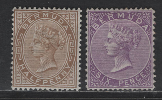 Lot 50 Bermuda SG#10a, 19 6d - 1/2d Bright Mauve - Stone Queen Victoria, 1865-1903 Queen Victoria Keyplate Issue, 2 F/VFOG Singles, Crown CC Wmk, Perf 14x12.5