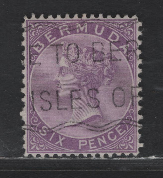 Lot 51 Bermuda SG#10a 6d Bright Mauve - Stone Queen Victoria, 1865-1903 Queen Victoria Keyplate Issue, A Very Fine Used Single, Perf 14x12.5, Crown CC Wmk