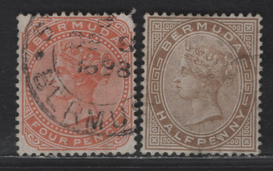 Lot 52 (C) Bermuda SG#19-20 1/2d - 4d Stone - Orange Red Queen Victoria, 1880 Queen Victoria Keyplate Issue, 2 Very Fine Used Singles, Crown CC Wmks