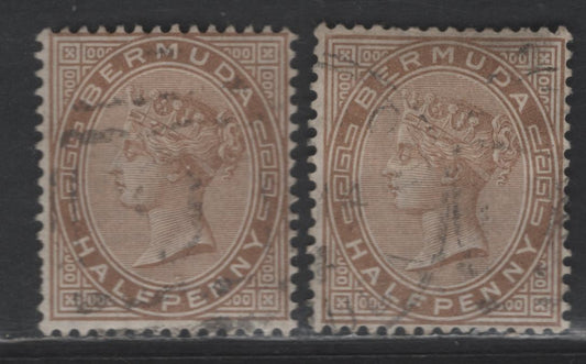 Lot 53 Bermuda SG#19 1/2d Stone & Deep Stone Queen Victoria, 1880 Queen Victoria Keyplate Issue, 2 Fine/Very Fine Used Singles