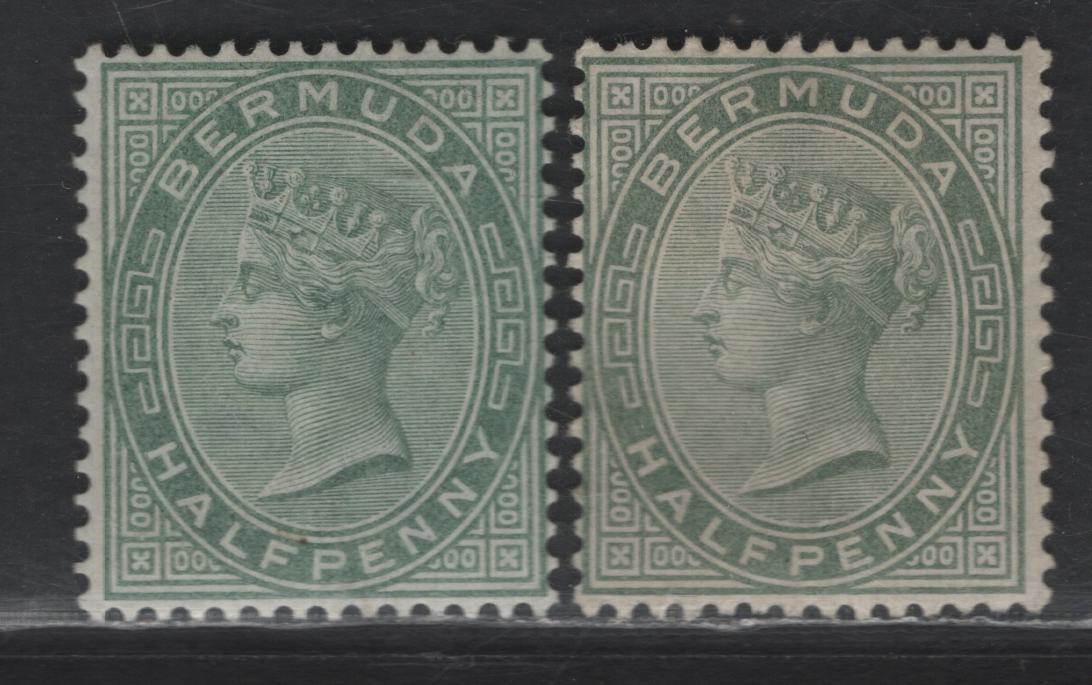 Lot 54 Bermuda SG#21-a 1/2d Dull Green & Deep Gray Green Queen Victoria, 1880 Queen Victoria Keyplate Issue, 2 FOG Singles, Crown CA Wmks