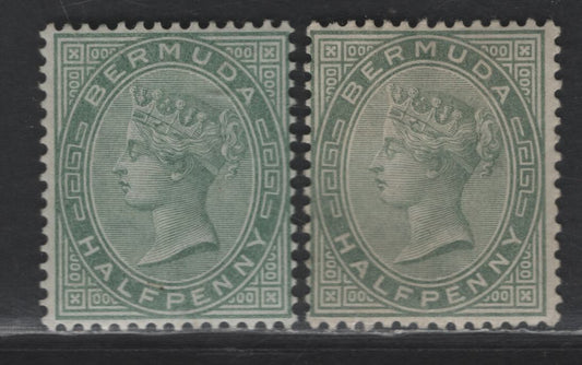 Lot 54 Bermuda SG#21-a 1/2d Dull Green & Deep Gray Green Queen Victoria, 1880 Queen Victoria Keyplate Issue, 2 FOG Singles, Crown CA Wmks