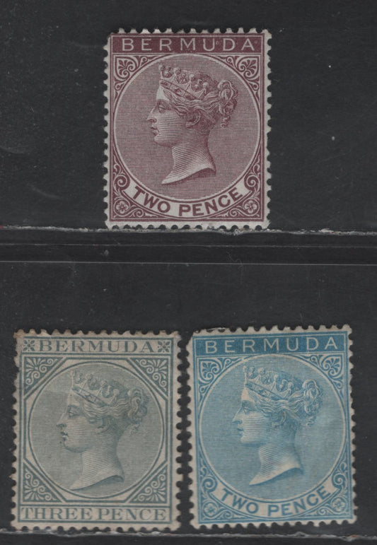 Lot 57 Bermuda SG#25, 26a, 28 2d - 3d Blue, Brown Purple & Gray Queen Victoria, 1883-1904 Queen Victoria Keyplate Issue, 3 Fair/Good/Very Good OG Singles, Crown CA Wmks