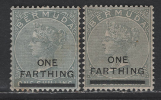 Lot 58 Bermuda SG#30, 30b 1/4d on 1/- Dull Gray & Bluish Gray Queen Victoria, 1883-1904 Queen Victoria Keyplate Issue, 2 VFOG Singles