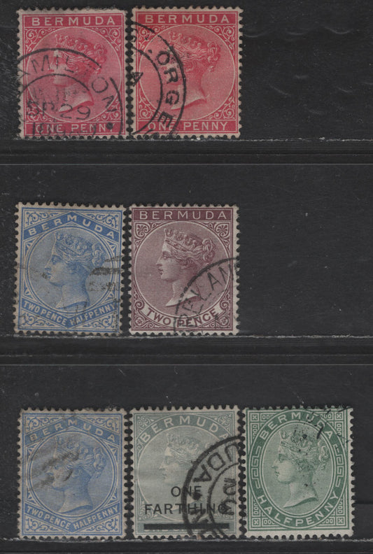 Lot 59 Bermuda SG#21, 24, 24a, 26, 30b 1/2d - 1/4d on 1/- Dull Green -Dull Gray Queen Victoria, 1883-1904 Queen Victoria Keyplate Issue, 7 Fine/Very Fine Used Singles, Crown CA Wmks