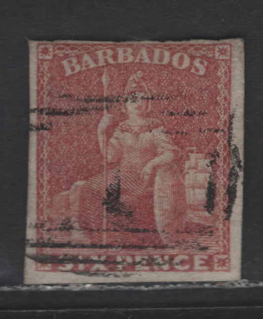 Lot 6 Barbados SG#11 6d Pale Rose Red Britannia, 1852-1855 Britannia Issue, A Fine Used Imperf Single, White Paper, No Watermark