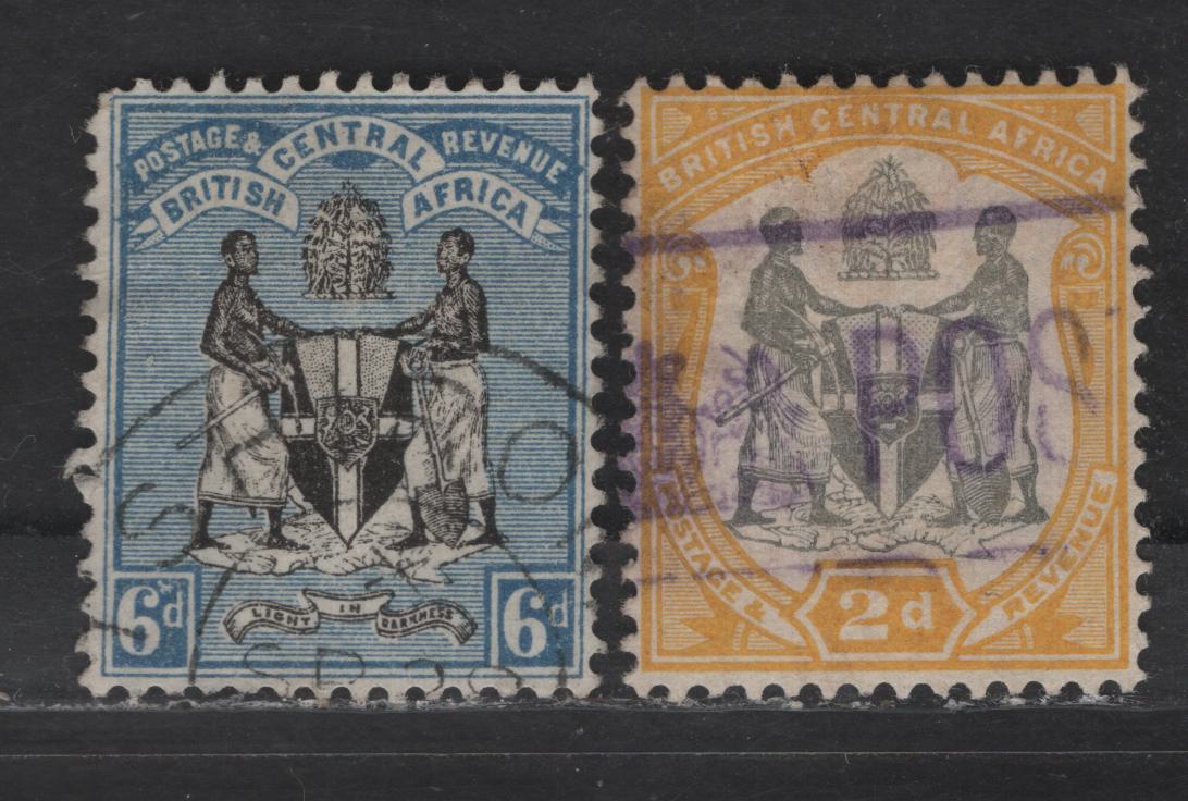 Lot 62 British Central Africa SG#24, 44 6d -2d Black & Blue -Gray & Yellow Arms, 1895-1897 Arms Issue, 2 Very Fine Used Singles