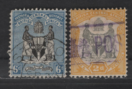 Lot 62 British Central Africa SG#24, 44 6d -2d Black & Blue -Gray & Yellow Arms, 1895-1897 Arms Issue, 2 Very Fine Used Singles