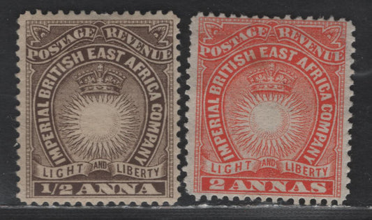 Lot 64 British East Africa SG#4, 6 1/2a - 2a Dull Brown - Vermillion Crown Over Sun, 1890-1895 Crown Over Sun Issue, 2 VFOG Singles