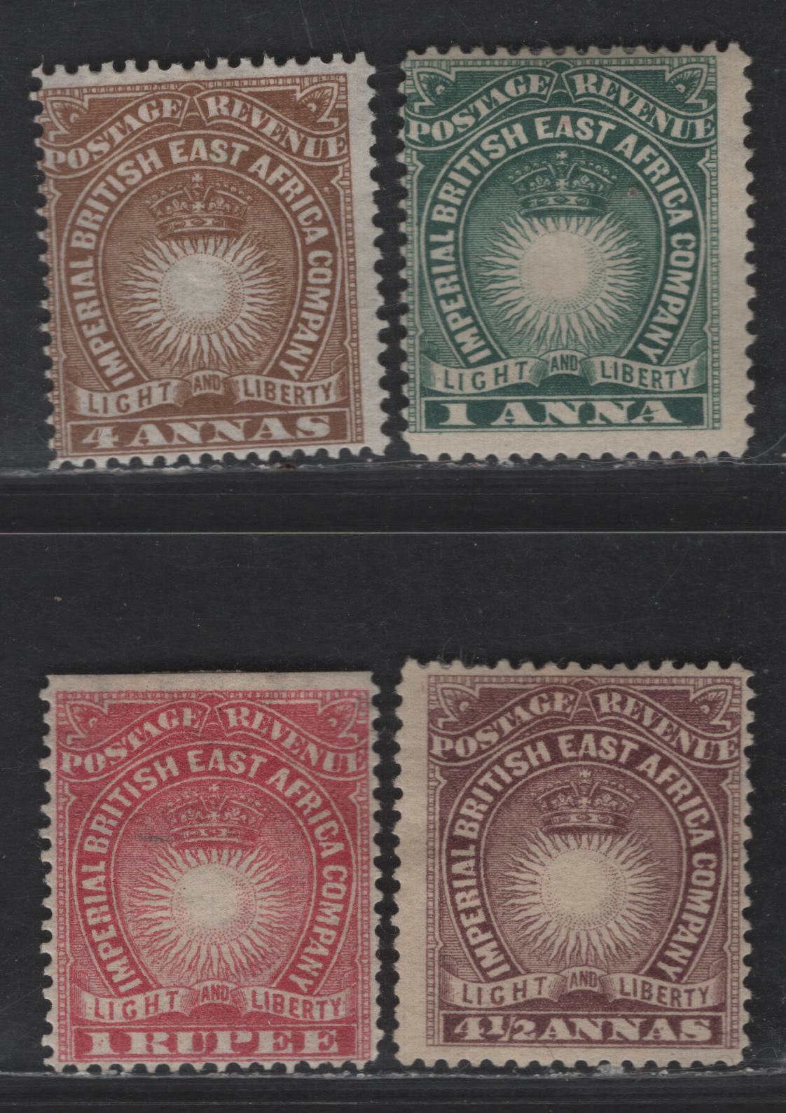 Lot 65 British East Africa SG#5, 9, 11a, 14 1a - 1r Blue Green - Yellow Crown Over Sun, 1890-1895 Crown Over Sun Issue, 4 F/VFOG Singles
