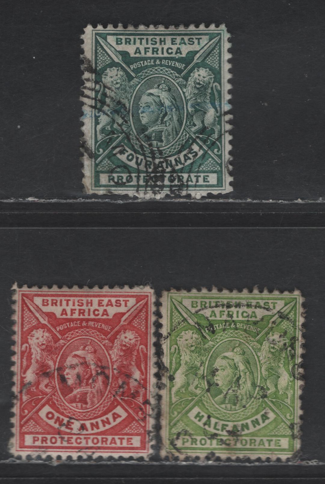 Lot 67 British East Africa SG#65-66, 70 1/2d - 4a Yellow Green - Deep Green Queen Victoria, 1896-1901 Engraved Queen Victoria Widow's Weeds & Arms Issue, 3 Very Fine Used Singles