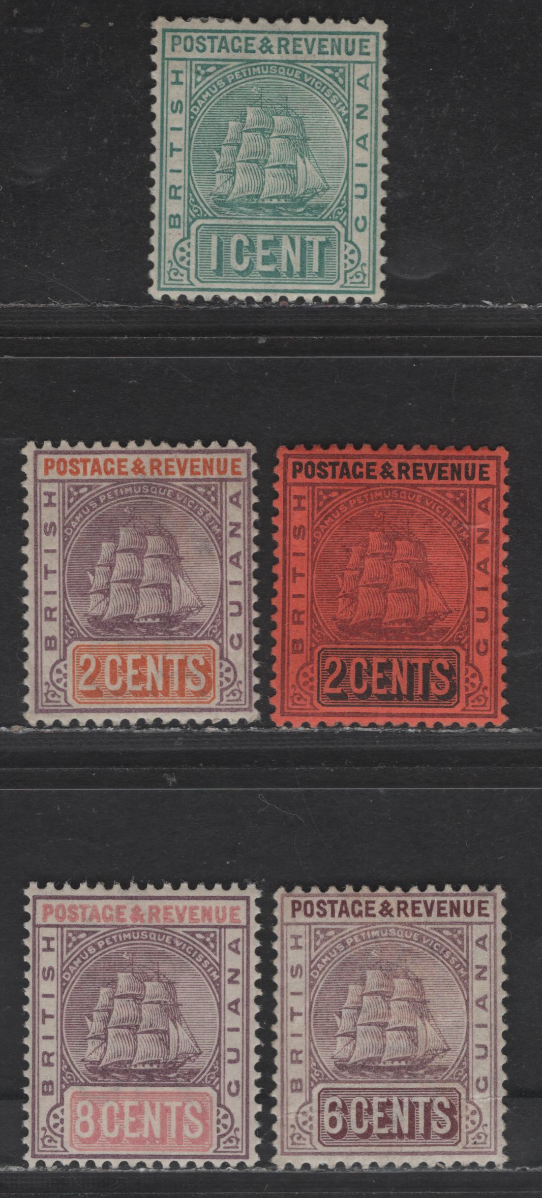 Lot 71 British Guiana SG#194, 198-199, 213, 235 1c - 8c Sea Green - Dull Purple & Rose Badge of the Colony, 1889-1900 Badge of the Colony Issue, 5 VFOG Singles, Crown CA Wmk