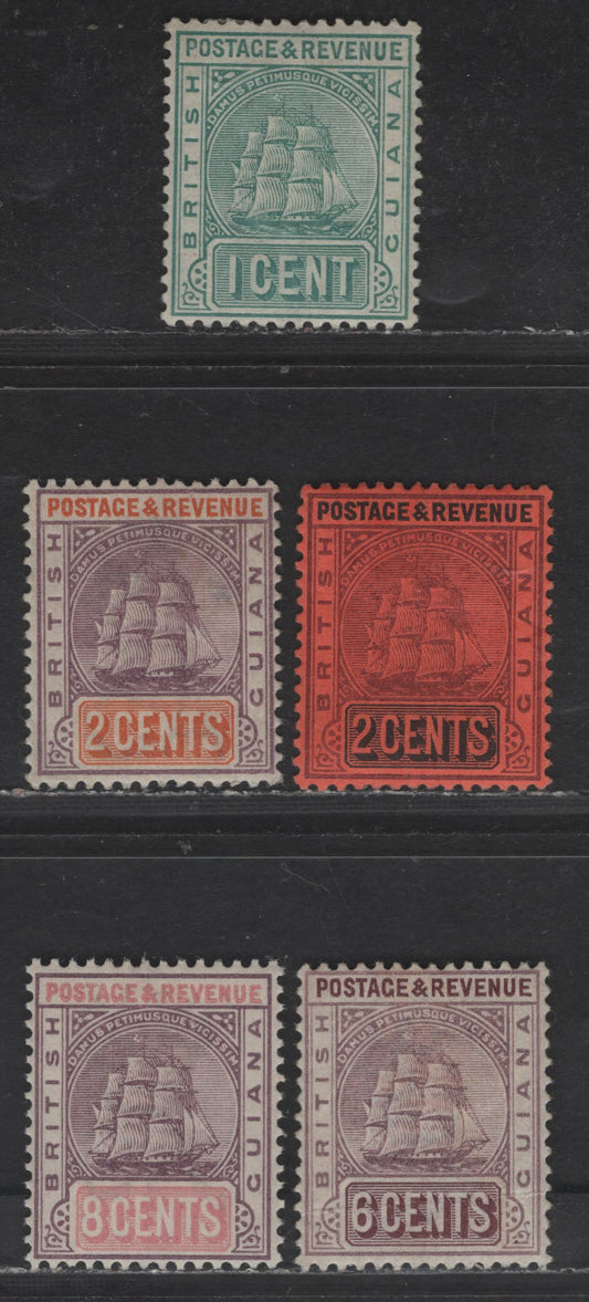 Lot 71 British Guiana SG#194, 198-199, 213, 235 1c - 8c Sea Green - Dull Purple & Rose Badge of the Colony, 1889-1900 Badge of the Colony Issue, 5 VFOG Singles, Crown CA Wmk