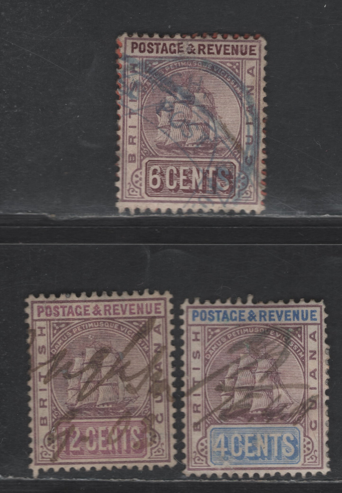 Lot 72 British Guiana SG#196, 198, 200a, 235 2c - 12c Dull Purple & Black on Red - Dull Purple on Mauve Badge of the Colony, 1889-1903 Badge of the Colony Issue, 4 Fine/Very Fine Used Singles, Crown CA Wmk, Fiscal Cancels