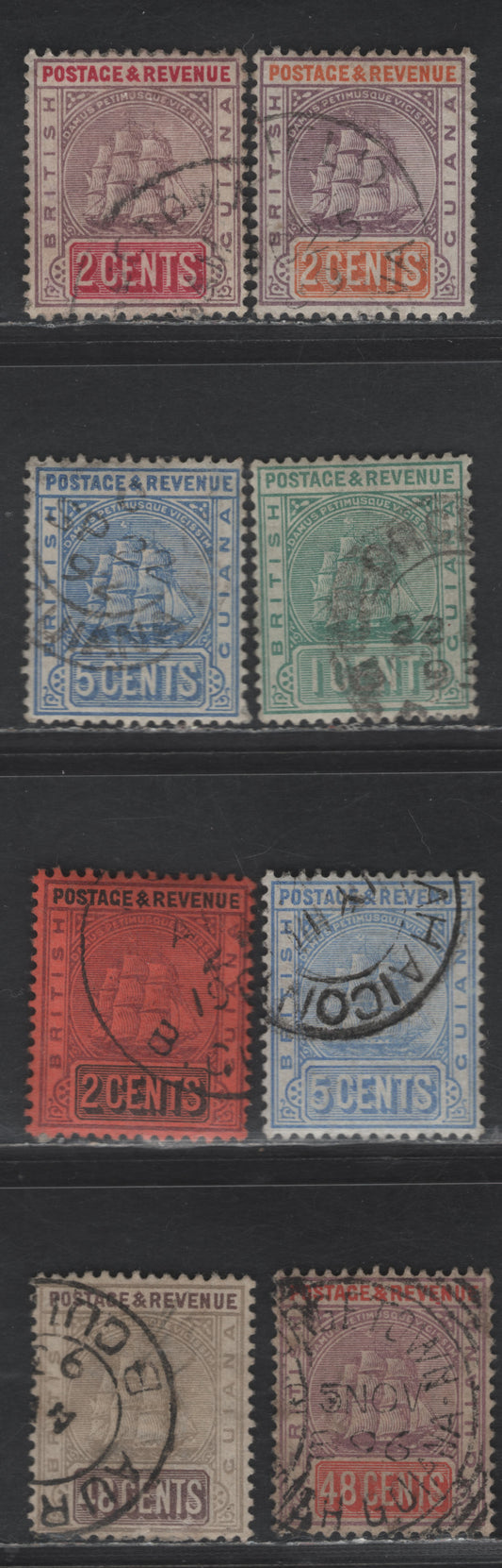 Lot 73 British Guiana SG#194, 213-214, 202, 213-214, 235, 237 2c - 48c Dull Purple & Orange - Gray & Purple Brown Badge of the Colony, 1889-1901 Badge of the Colony Issue, 7 Very Fine Used Singles, Crown CA Wmk