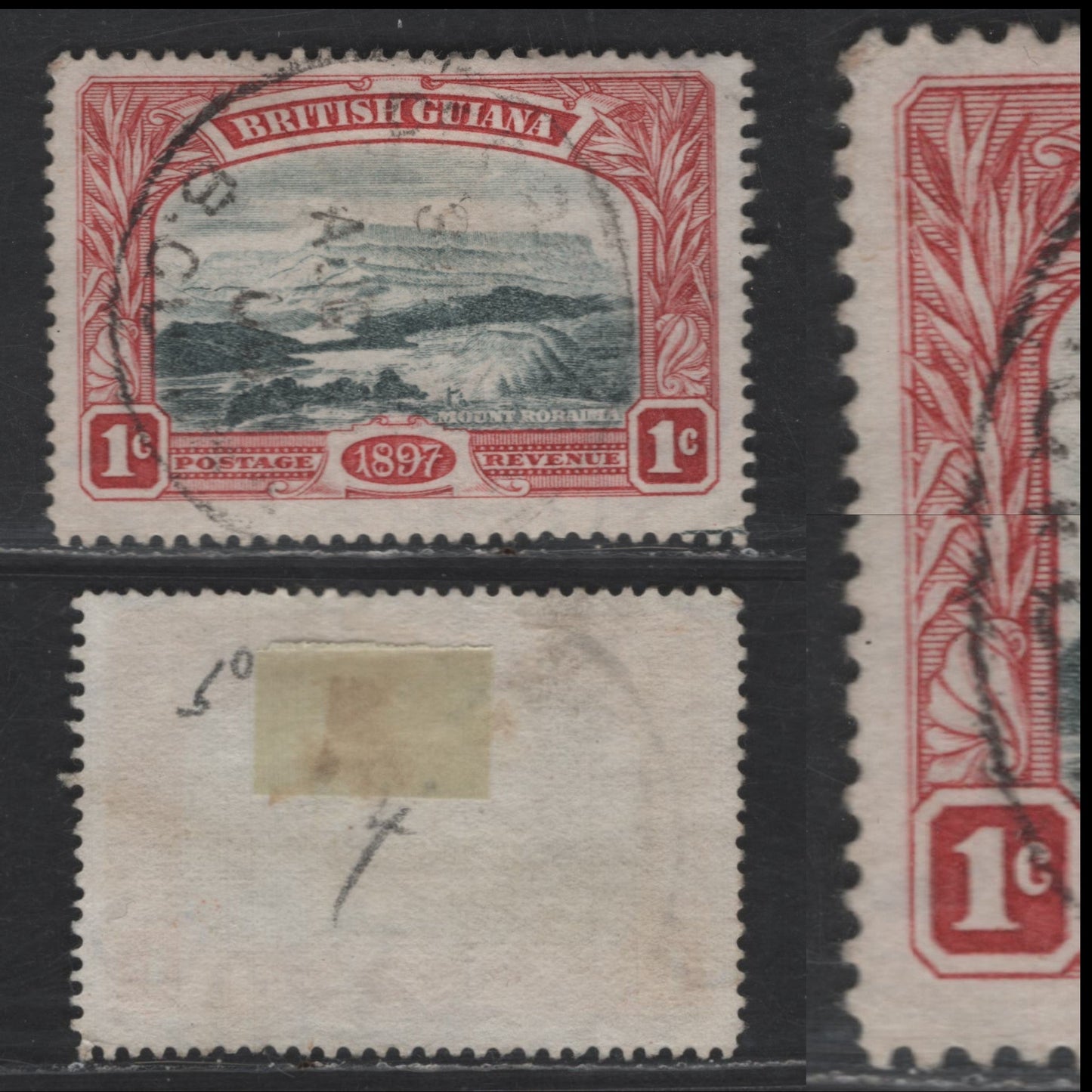 Lot 75 British Guiana SG#216var 1c Blue Black & Carmine Red Mt Roraima, 1898 Pictorial Issue, A Fine Used Single, Unlisted Major Re-Entry In The Entire Left Frameline Is Doubled