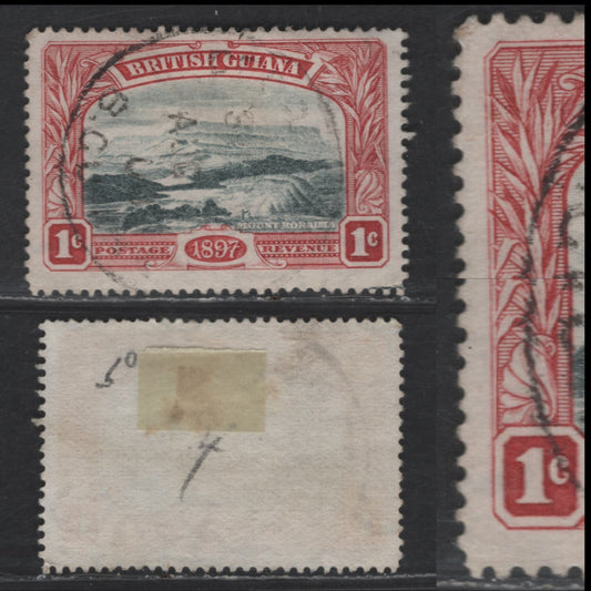 Lot 75 British Guiana SG#216var 1c Blue Black & Carmine Red Mt Roraima, 1898 Pictorial Issue, A Fine Used Single, Unlisted Major Re-Entry In The Entire Left Frameline Is Doubled