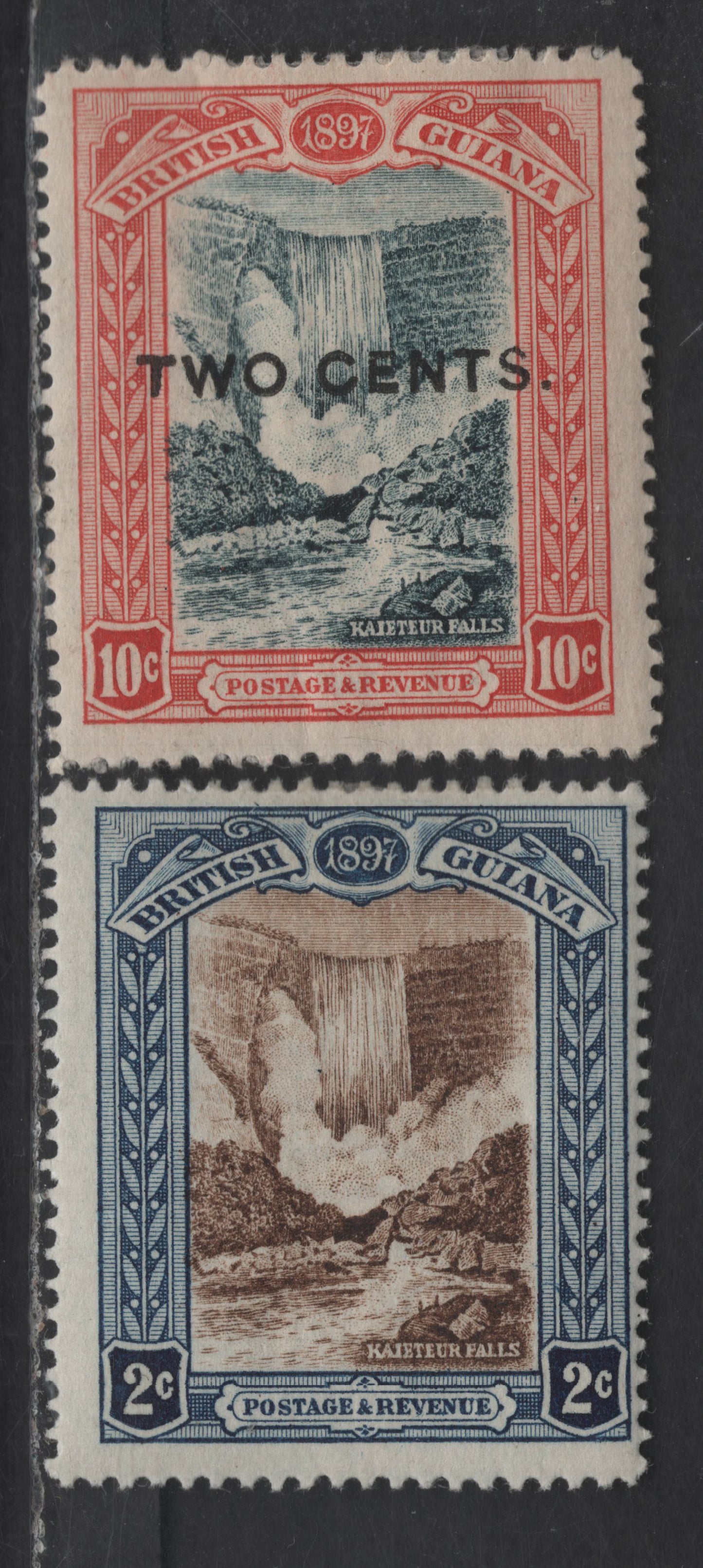 Lot 76 British Guiana SG#217, 222 2c - 2c on 10c Brown & Carmine - Blue Black & Brown Red Mt Roraima - Kaieteur, 1898 Pictorial Issue, 2 F/VFOG Singles