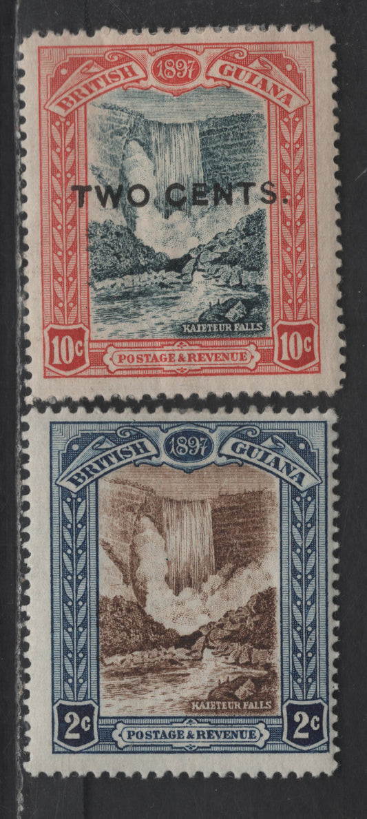 Lot 76 British Guiana SG#217, 222 2c - 2c on 10c Brown & Carmine - Blue Black & Brown Red Mt Roraima - Kaieteur, 1898 Pictorial Issue, 2 F/VFOG Singles