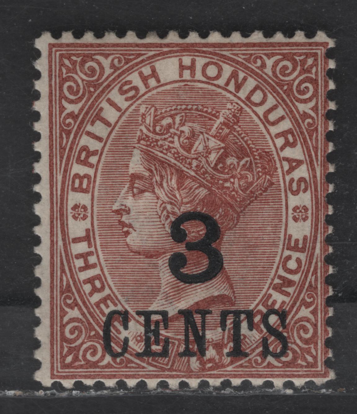 Lot 78 British Honduras SG#38 3c on 3c Red Brown Queen Victoria, 1888-1891 Surcharged Issue, A FOG Single